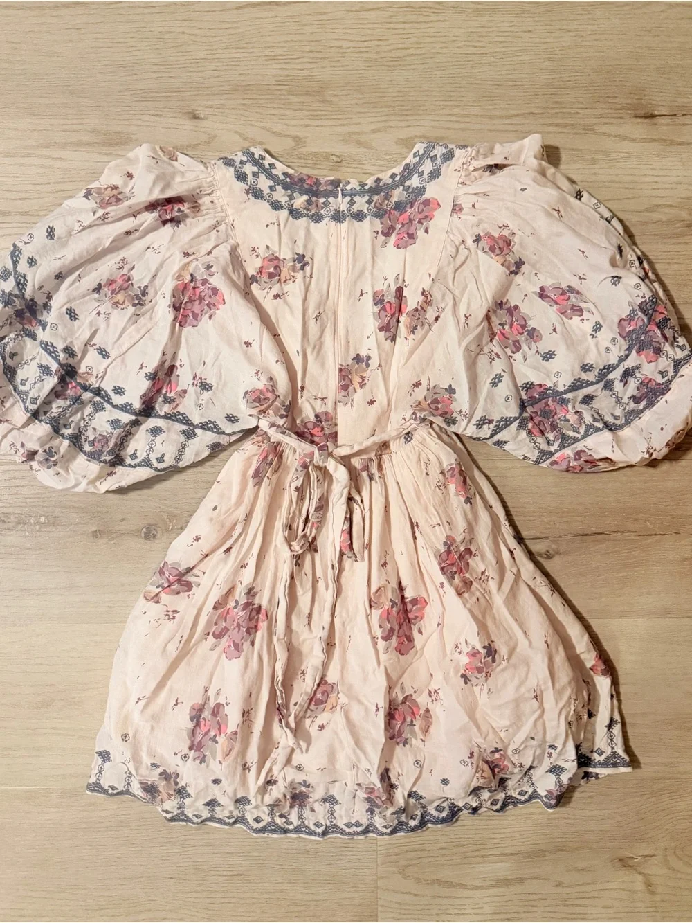 Vintage Free People Floral Boho Mini Dress XS – Rare Unique Puff Sleeve